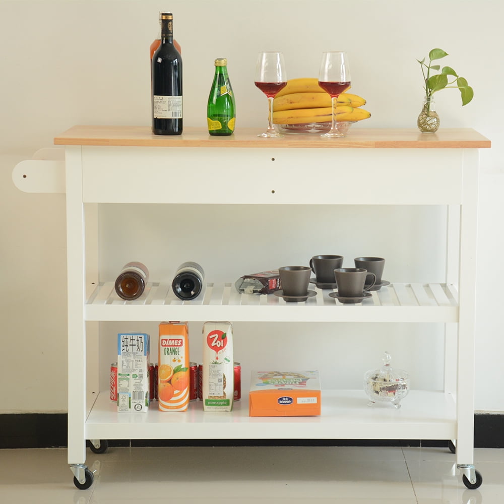 Highsound Wooden Kitchen Island Cart with Lockable Wheels, 3 Tier Utility Kitchen Storage Carts Table with 2 Drawers