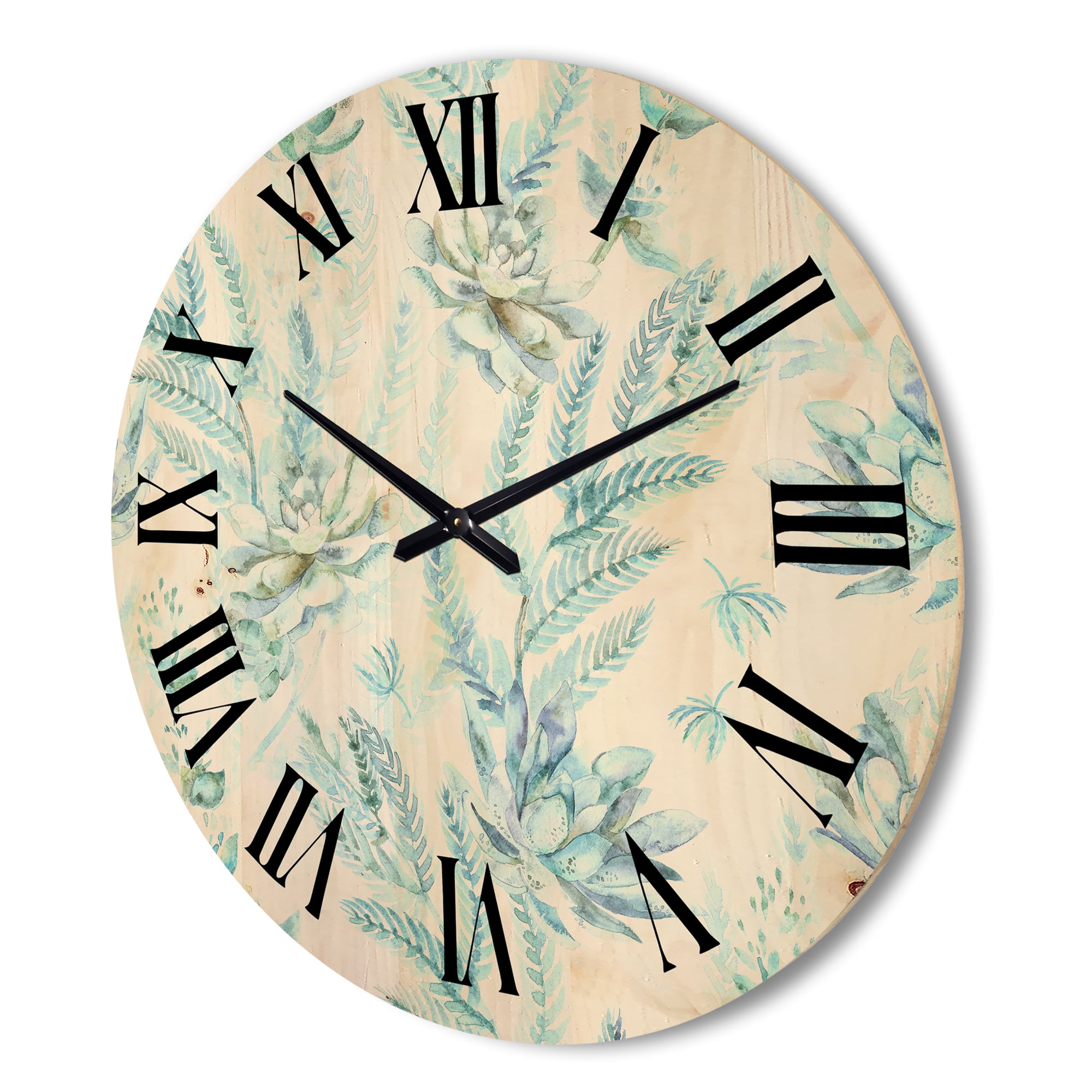 Designart 'Floral Seamless Pattern Succulents and Ferns Thorns' Farmhouse Wood Wall Clock