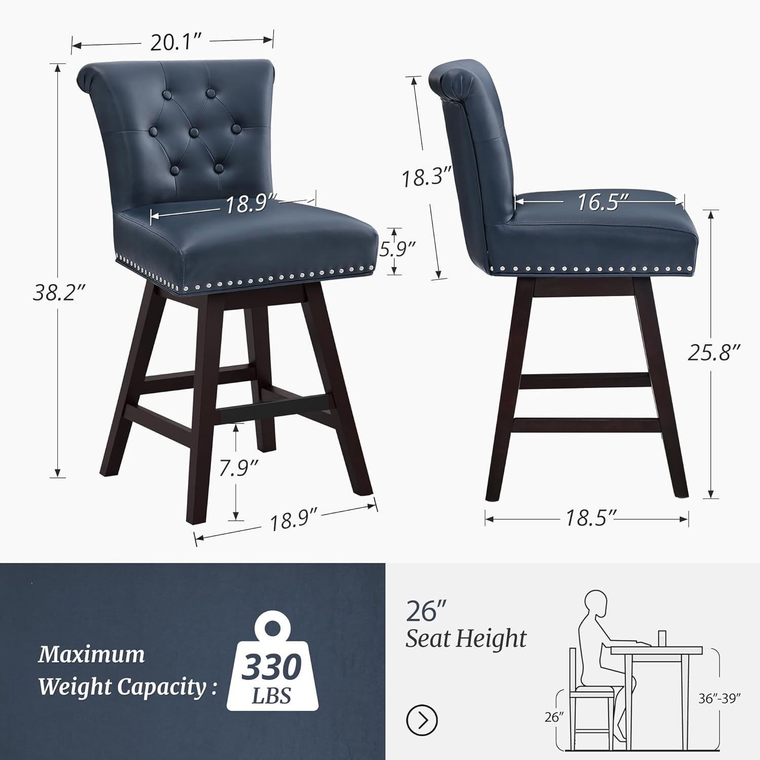 Dycanpo 26'' Swivel Counter Height Bar Stools, Upholstered Barstool with Footrest for Kitchen,Blue-Faux Leather