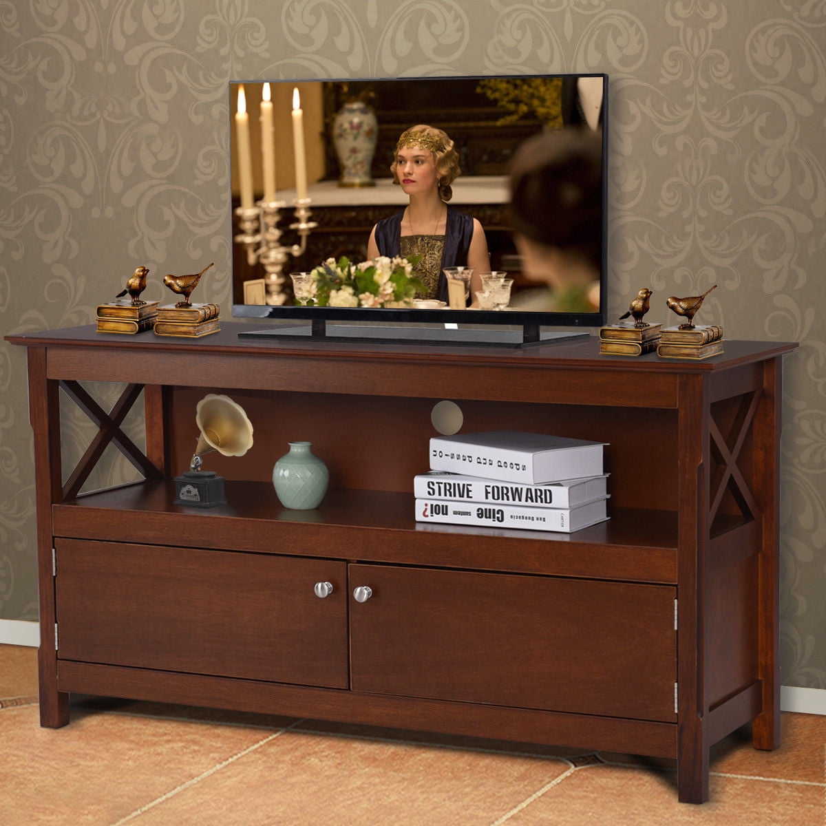 Costway 44'' TV Stand Console Wooden Storage Cabinet Shelf ...