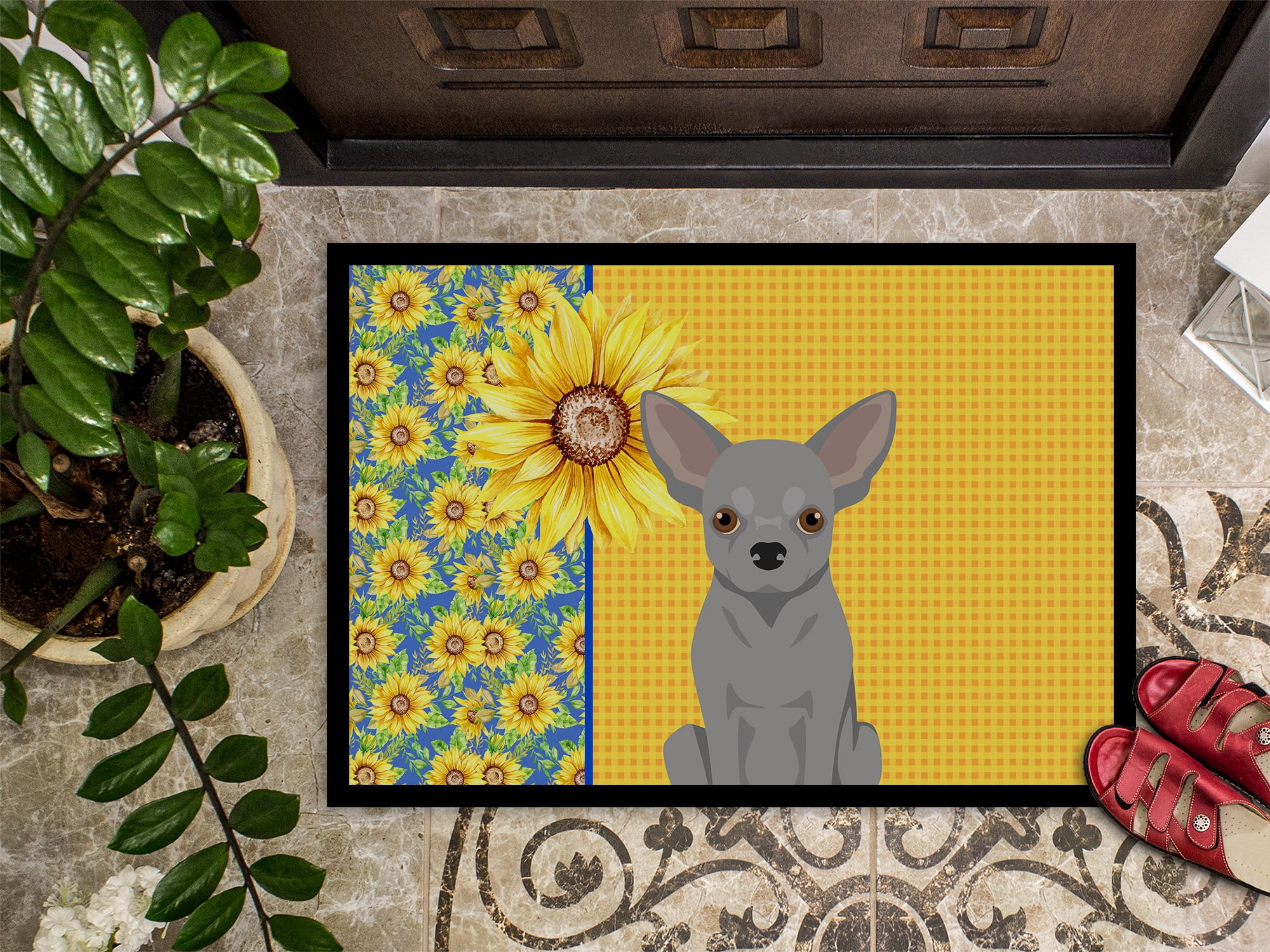 Summer Sunflowers Silver Chihuahua Indoor or Outdoor Mat 24x36 36 in x 24 in