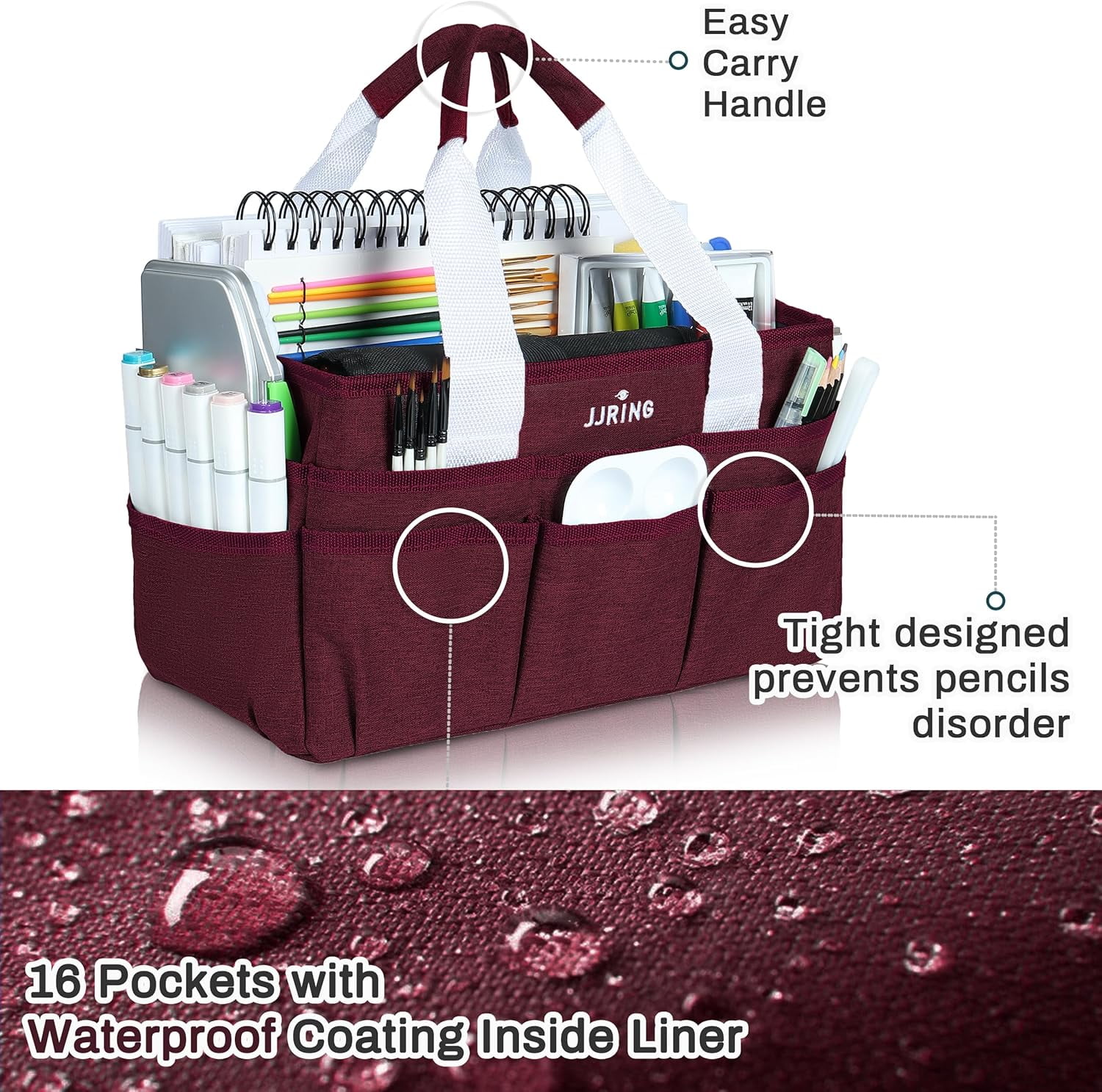 LAVFOX Craft Organizer Tote Bag, Multi-Pocket Art Storage Caddy Bag for Sewing, Scrapbooking, and Painting, Portable Desktop Utility Organizer for School, Medical, and Office Supplies, Burgundy
