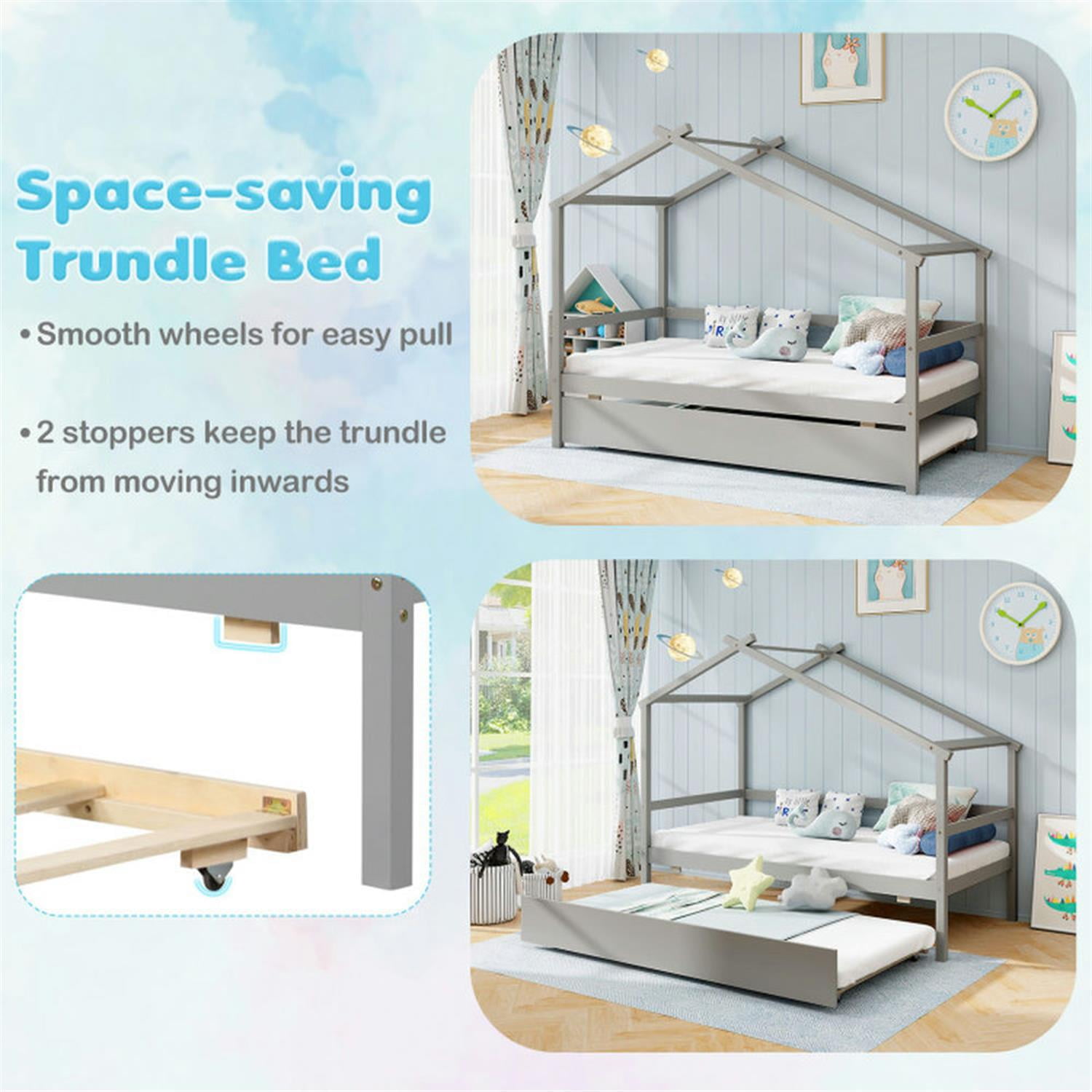 Demi Bonn Twin Size House Bed Frames with Trundle and Roof, Modern Platform Bed Frames for Teens, Gray