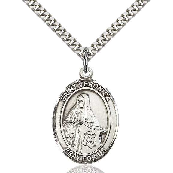 Sterling Silver St. Veronica Pendant 1 x 3/4 inches with Heavy Curb Chain