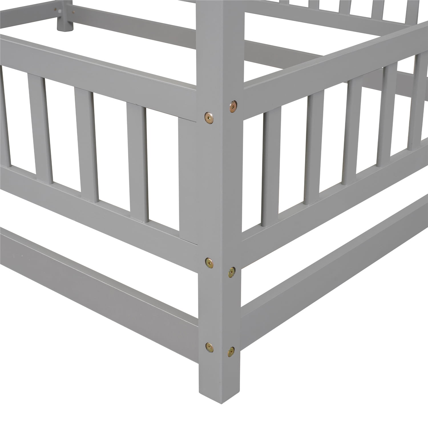 Full Size House Bed Wooden Floor Bed with Roof and Fence Guardrails Montessori Bed Playhouse Bed for Children Girls and Boys, Gray(No Bed Slats)