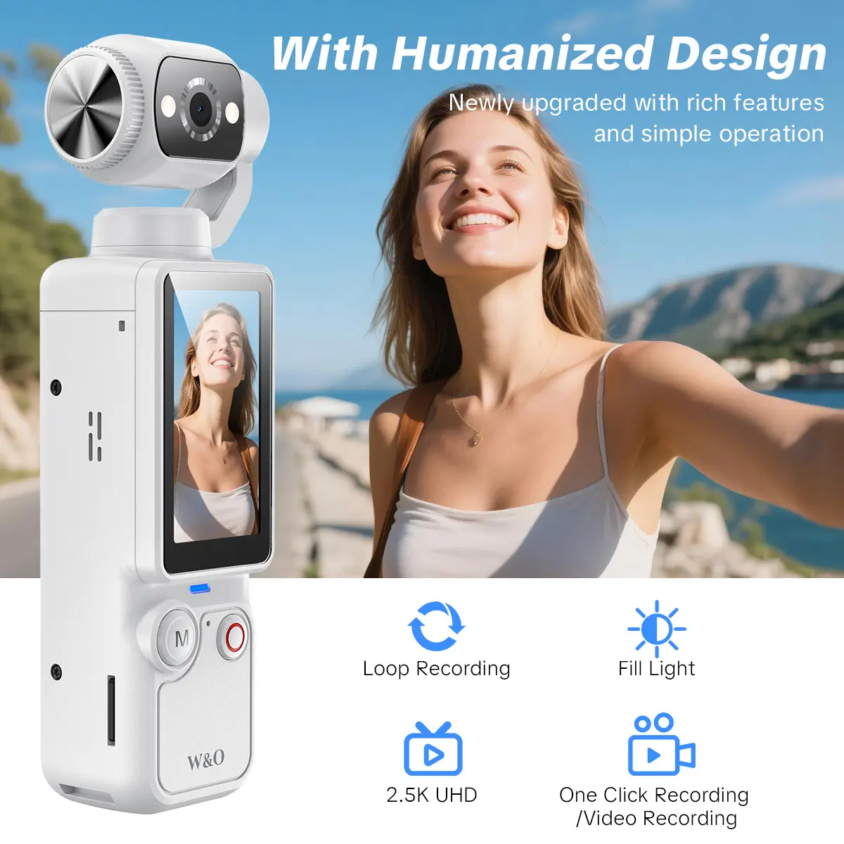 W & O Q7 Rotating Lens 2.5K 100 MP Action Video Camera with Memory Card, Black