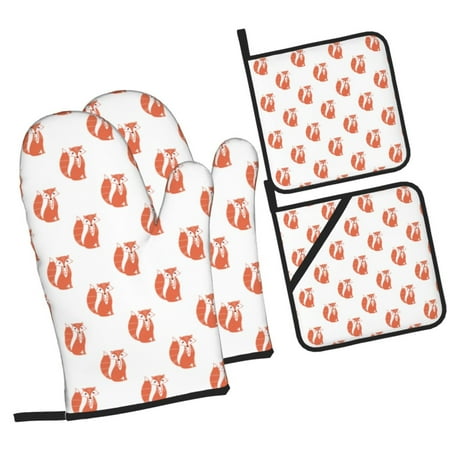 

Sikiie Orange Fox Oven Mitts and Pot Holders Silicone Oven Gloves Heat Resistant Oven Mitts 4Pcs Set