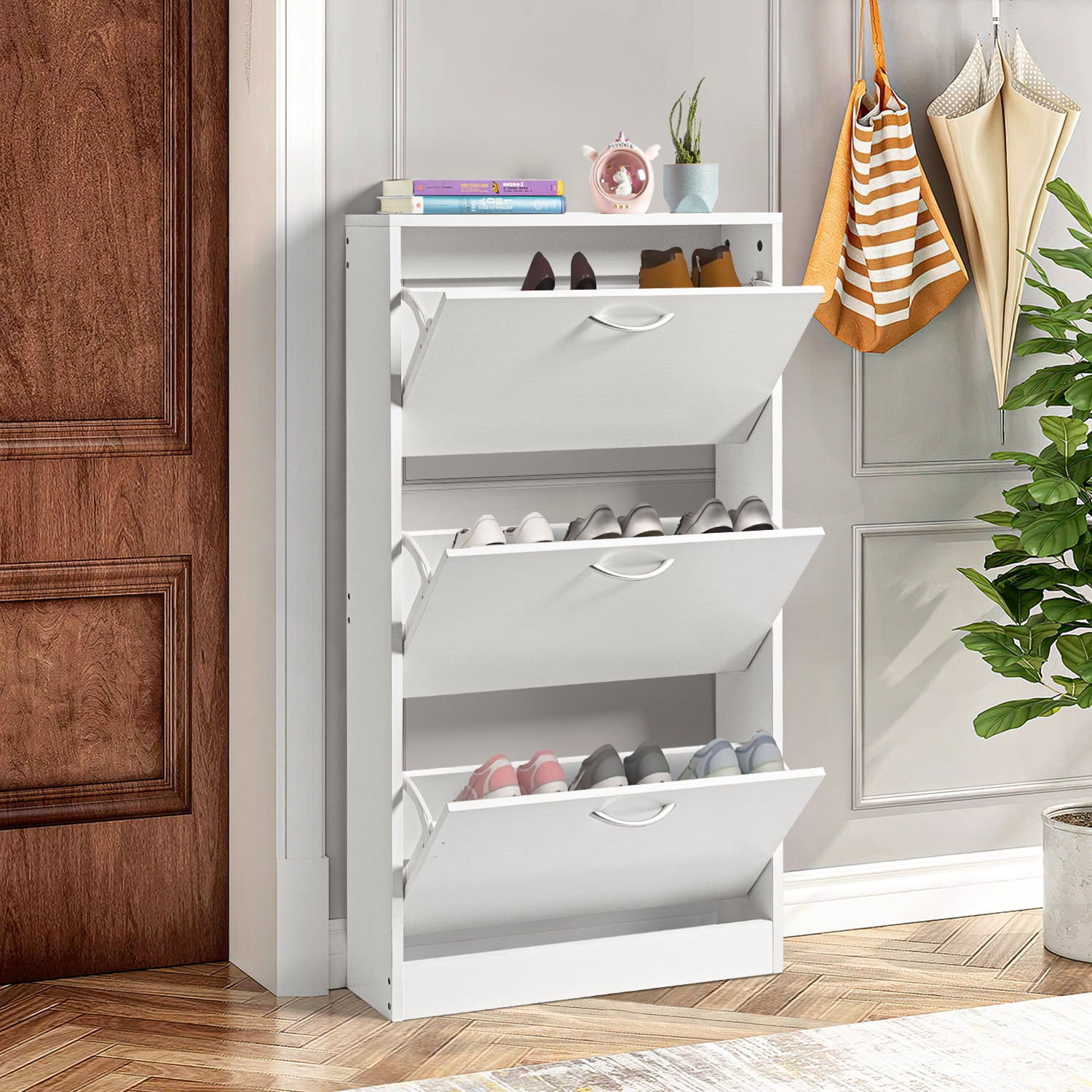 Byrant Brayden Studio Freestanding Shoe Storage Cabinet for Entryway with 3 Flip Drawers, Narrow Shoe Rack Cabinet, White (42.51 W x 10.04 D x 42.5