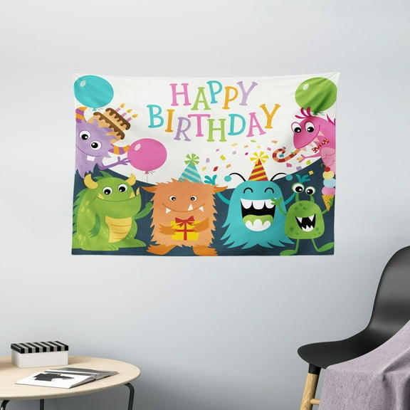 Birthday Decorations for Kids Tapestry, Little Baby Monsters Party Cones Confetti Balloons Image, Wall Hanging for Bedroom Living Room Dorm Decor, 60W X 40L Inches, Multicolor, by Ambesonne