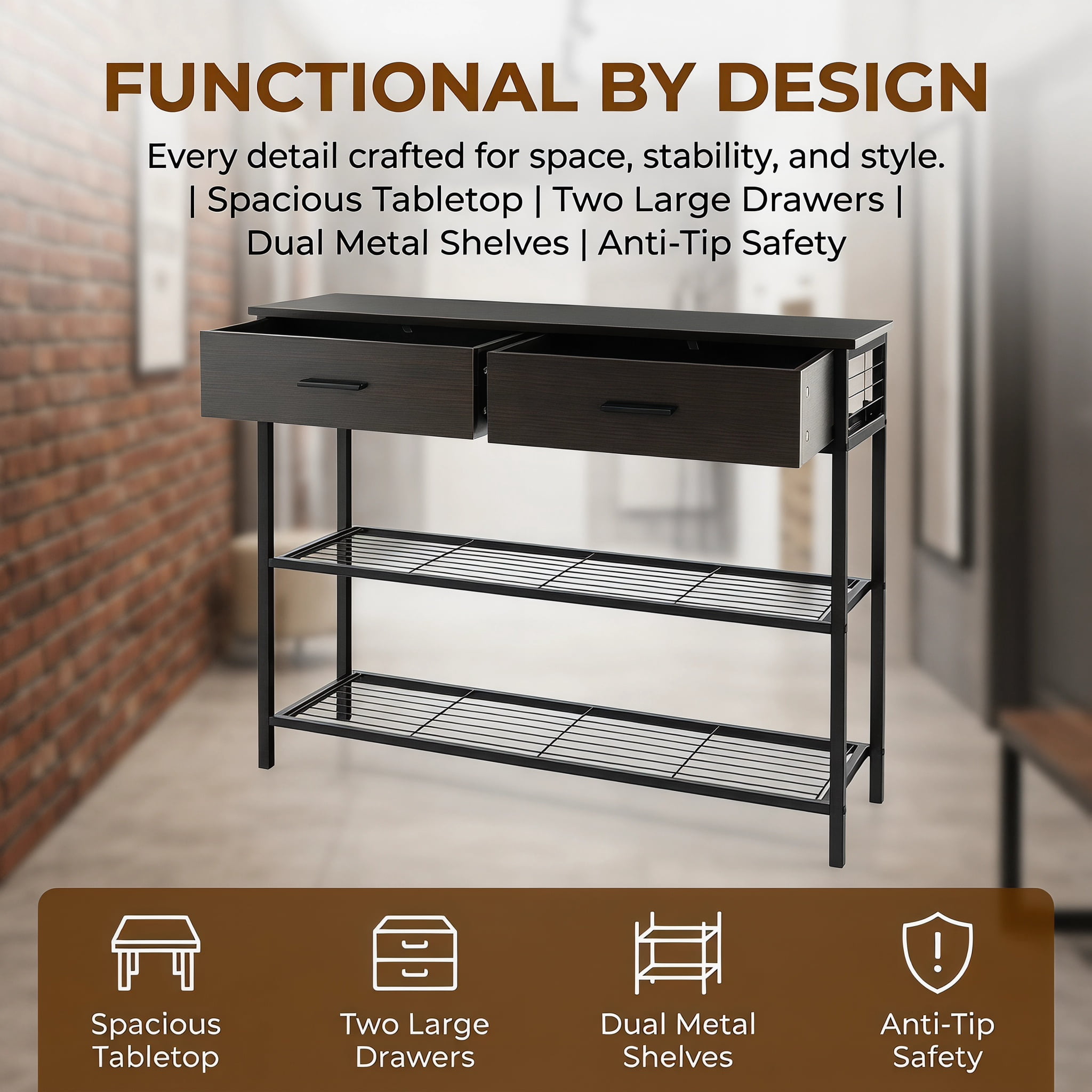 Resenkos 39.5 Inch Entryway Table with 2 Drawers and 2-Tier Shelves-Dark Brown, Narrow Console Table, Entryway Hall Table with Shelves for Foyer & Entry Spaces