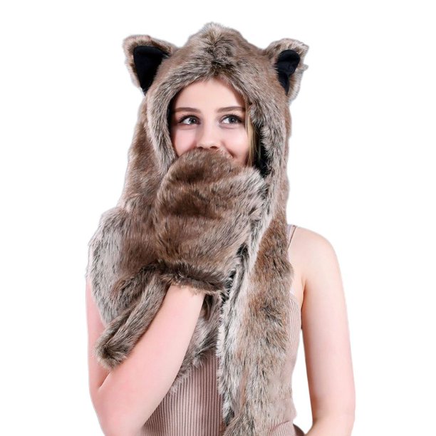 Gorro de felpa con estampado de leopardo y Lobo para hombre y mujer, bufanda con patas, guantes gruesos, cálidos, 3 en 1, Invierno