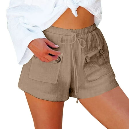 

PEASKJP Womens Denim Shorts Beach Shorts Women High Waisted Casual Comfy Linen Cotton Button Summer With Women s Pajama Shorts Shorts Khaki XX-Large