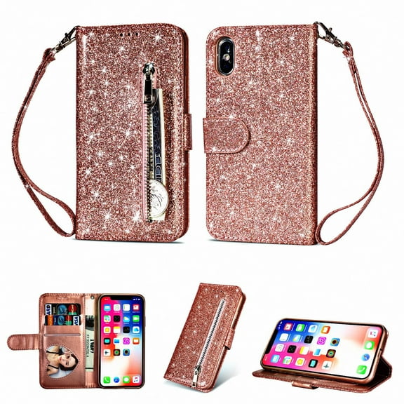 iPhone XS Max Case, Allytech PU Leather Glitter Bumper Shockproof Cards Slots Wallet Case with Zipper & Hand Strap Protective Cover for Apple iPhone XS Max 6.5" Screen, Rosegold