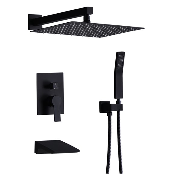 JERFIT Matte Black Shower System 12 inch Rain Shower Head and Handheld Spray Combo with Pressure Balance Valve and Diverter, All Metal Bathroom Faucet Set