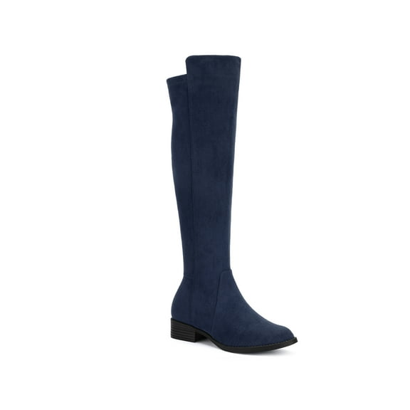 BLISSFUL STEP Women's Knee High Boots Chunky Heel Faux Suede Fall Winter Boots Navy Blue 6