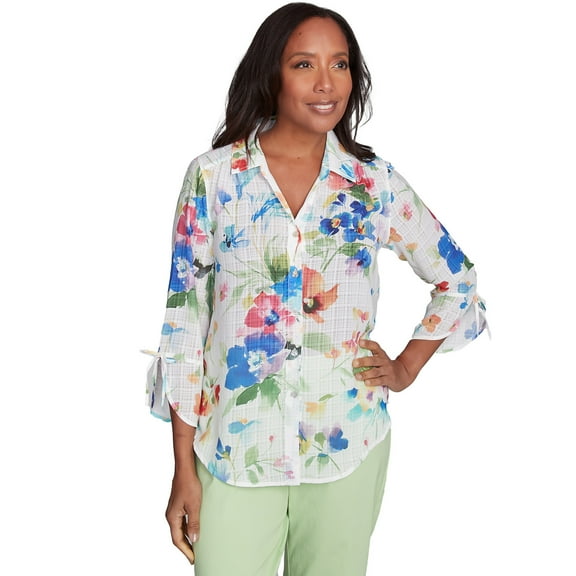 Alfred Dunner Womens Abstract Watercolor Button Down Top