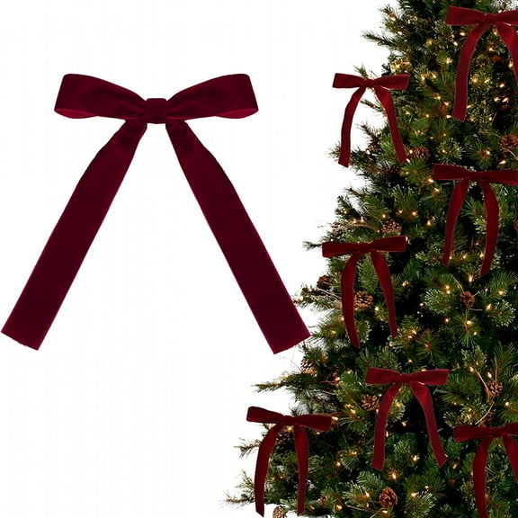 LAMIRO 12Pcs Red Velvet Christmas Tree Bow Ornaments 2.5Cm Wide Bows with Gold Ties Festive Red Velvet Bows for Christmas Tree Decorations Cute Christmas Hanging Ornaments Wine 7X5.1X1