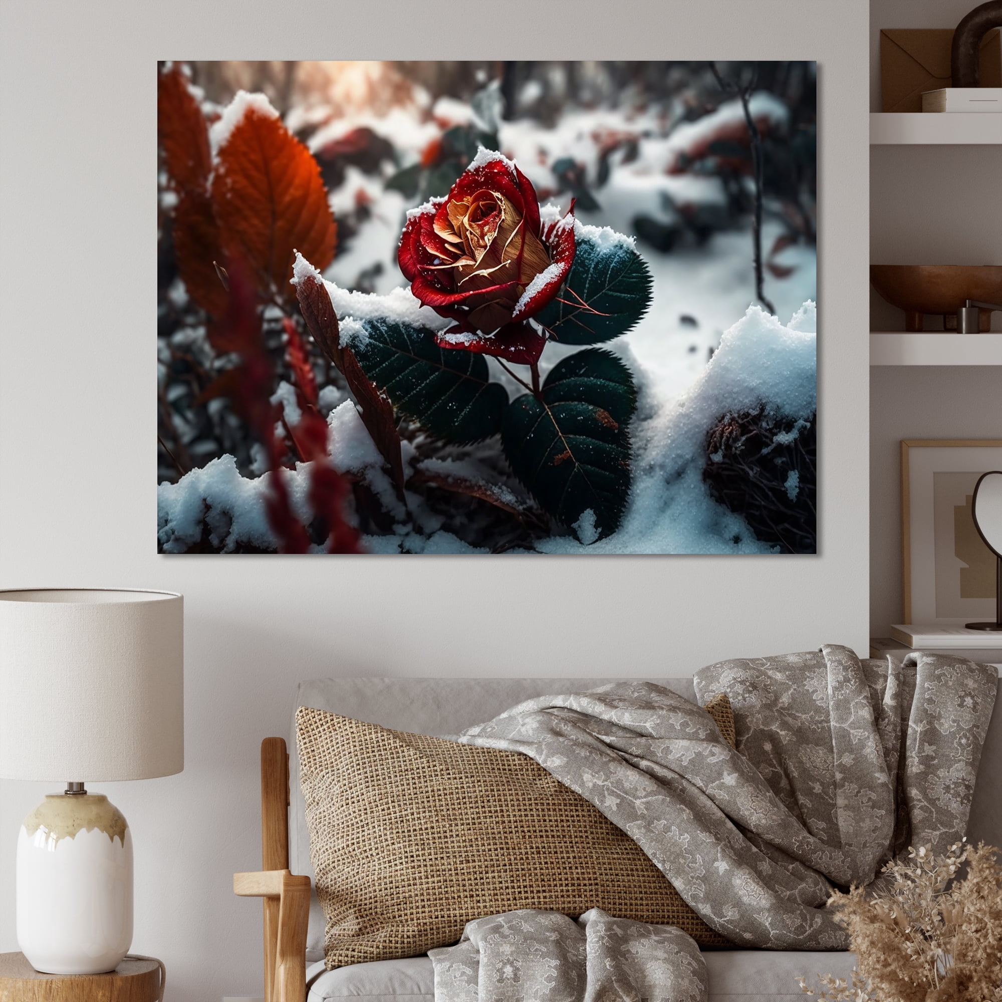 Designart A Blooming Red Rose Flower In Winter III Canvas Wall Art