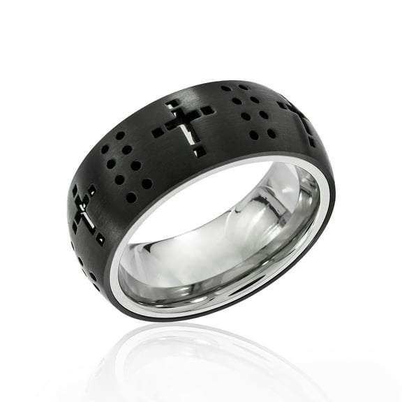 Stainless Steel Black Cross Cutout Comfort Fit Band Ring - Faith Jewelry for Men or Women