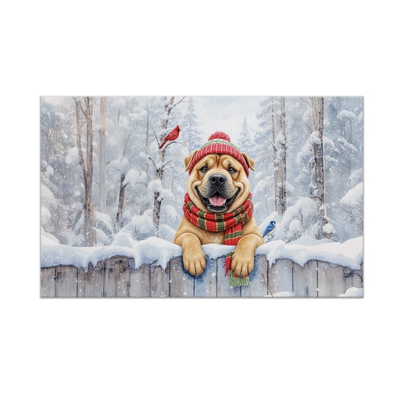 Playful Chinese Shar-Pei Welcomes Winter Snowy Day with Cardinal Bird Doormat Dog Lover Indoor Outdoor Welcome Mat - 2017