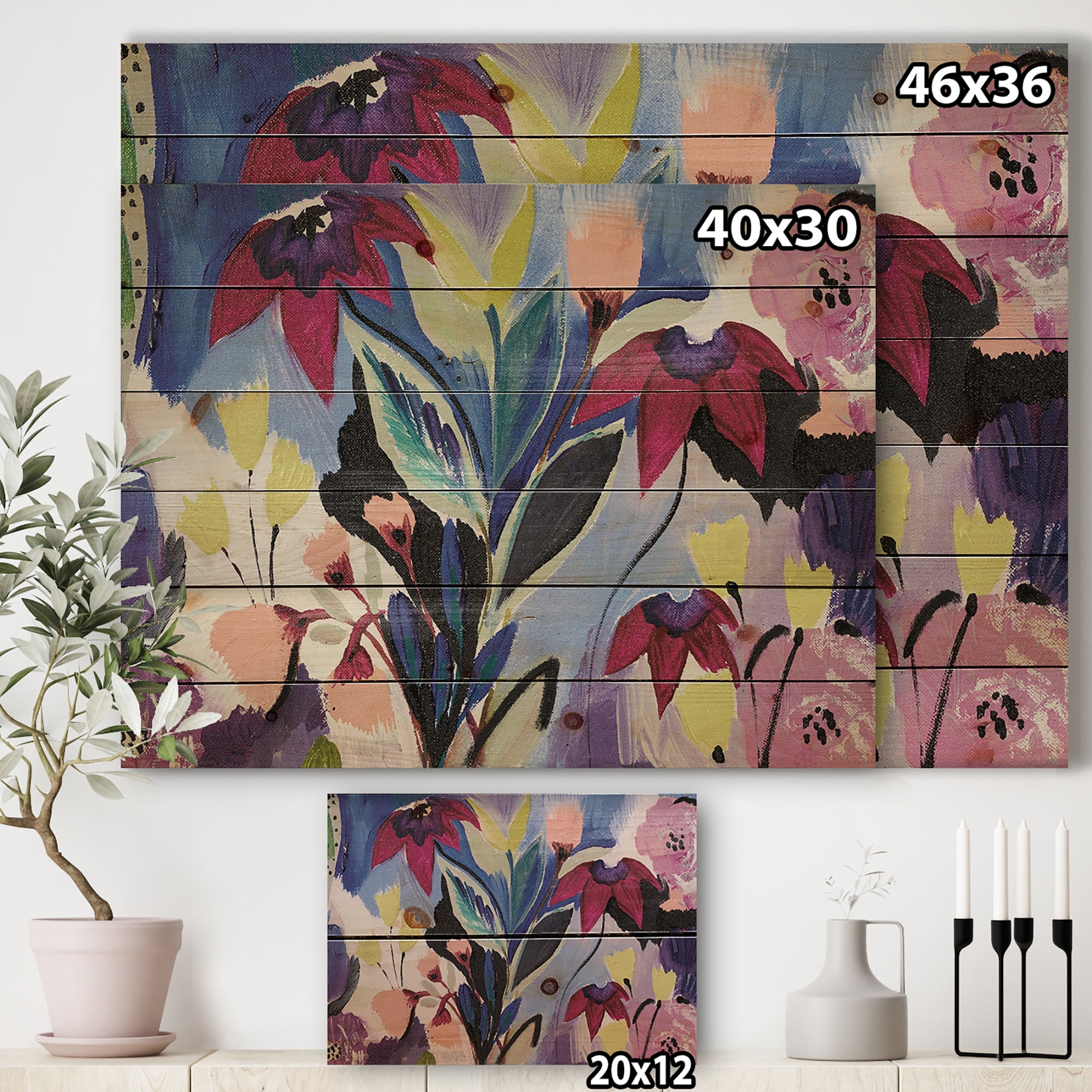 Designart 'Blue and Purple Flower Composition II' Floral Print on Natural Pine Wood