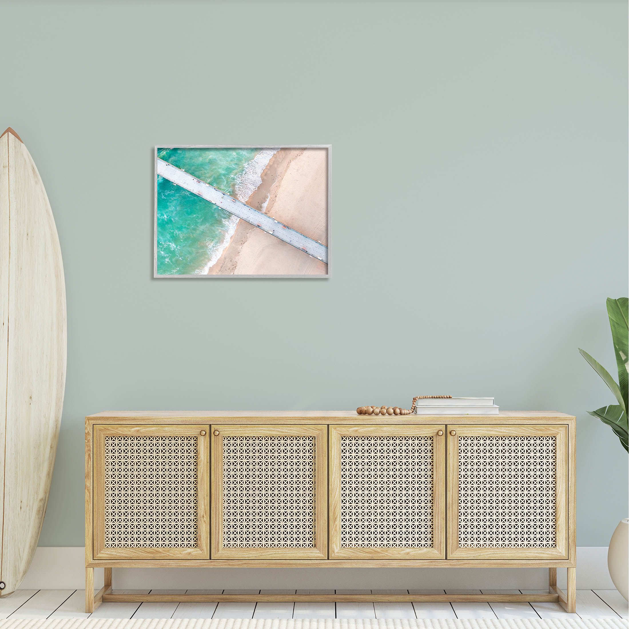 Aerial Ocean Beach Bridge Coastal Photograph Gray Framed Art Print Wall Art