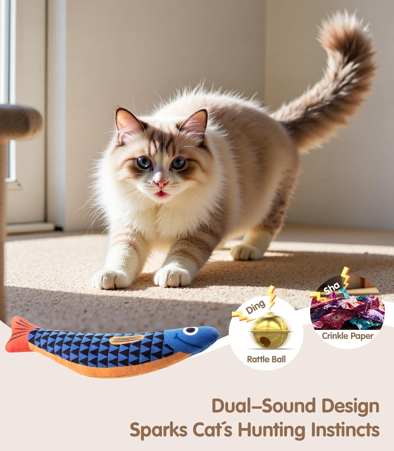 Cat Toys with[5000mg A+Natural Catnip &Silvervine] [Baby Grade] Interactive Soft Chew Kicker Cat Toys for Indoor Cats & Kittens, [Crinkle &Bell] Fish Sound Toy, Drives Bored Cat Crazy with Fun