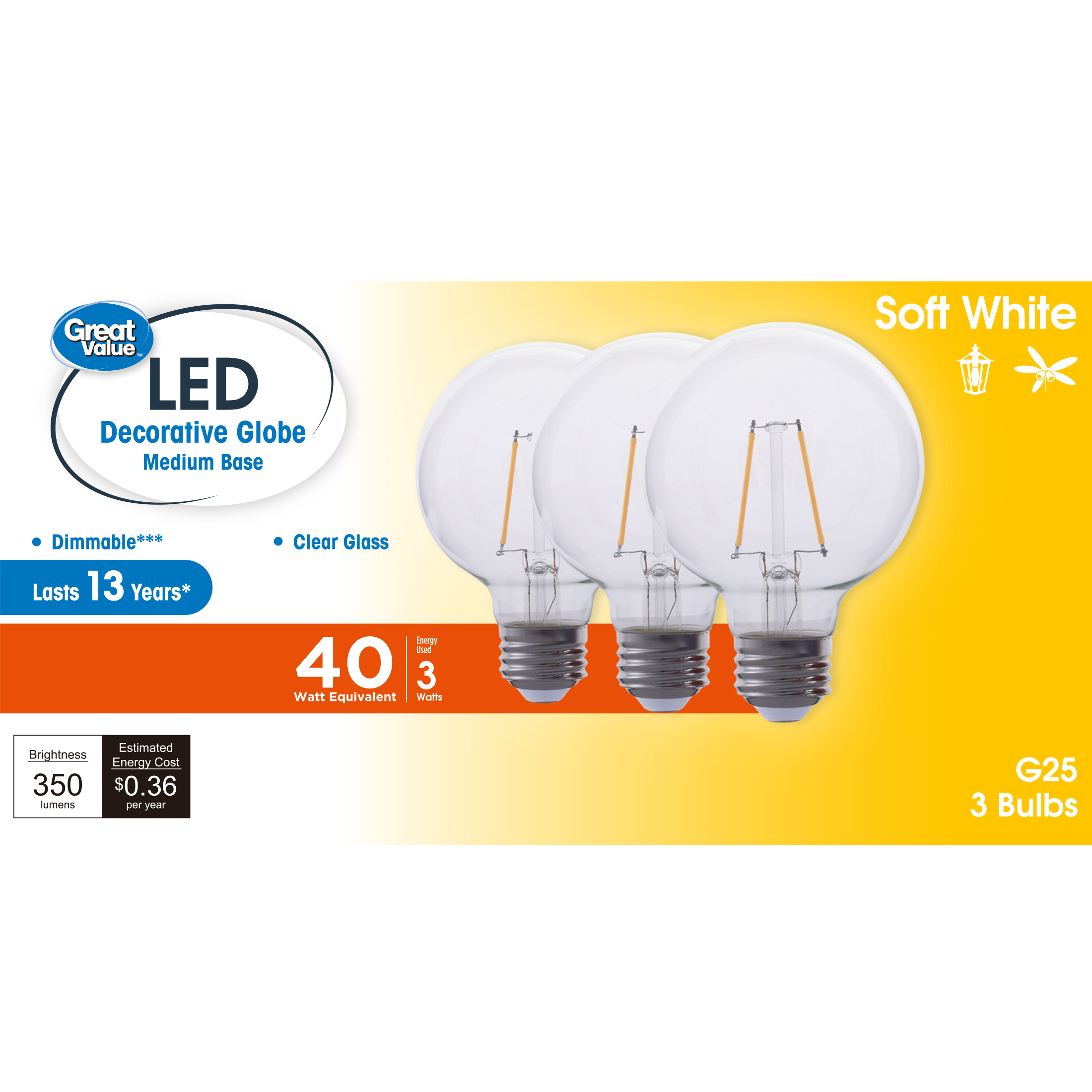 Great Value G25 LED Globe Bulbs, 3W Soft White, 3 Pack photo 1