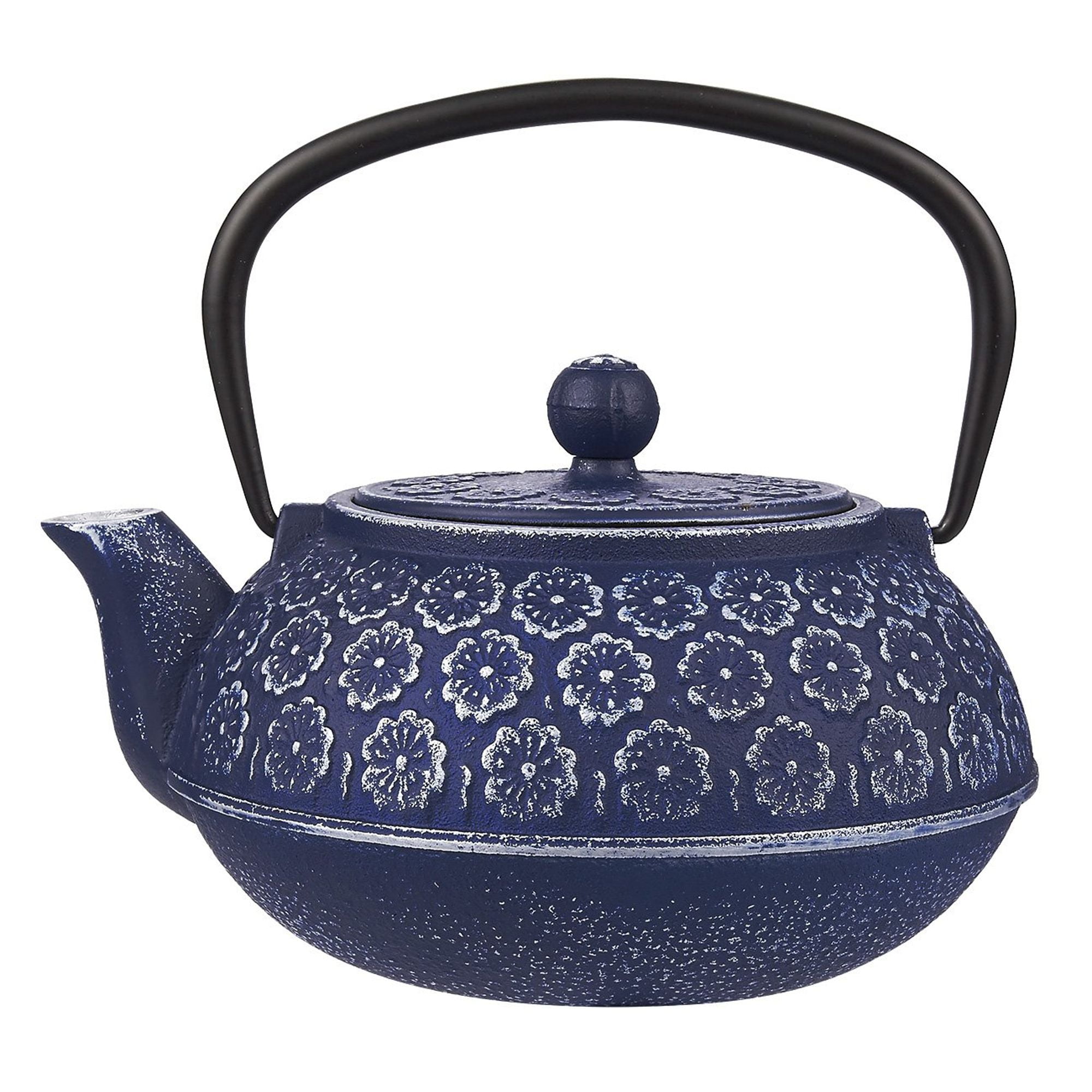 Blue Floral Cast Iron Teapot Kettle with Stainless Steel Infuser 34oz