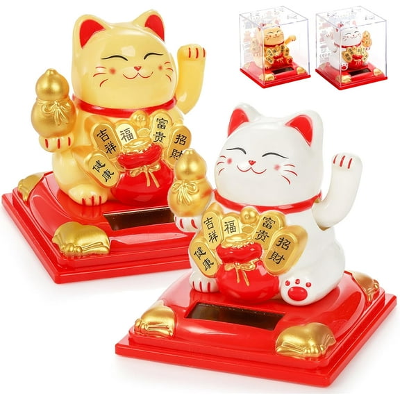 3.2in Lucky Cat Waving Arm Set, Vivid and Lovely Chinese Cat, Solar Fortune Cat Statue Decorations for Decorating Front Desk, Car, Business Openings, White