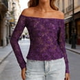 thumbnail image 2 of Gfyviroh Casual T-Shirts for Women Lace Hollowed Out Short Sleeve Tshirt Off The Shoulder Fitted Tops, 2 of 7