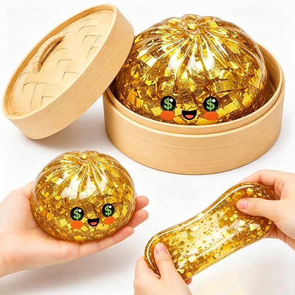 Golden Dumpling Squishy Stress Ball with Steamer & Lid, Gold Foil Dollar Eyes Stretchy Squeeze Toy, Sensory Fidget Toy for Kids Adults Stress Relief, Desk Decor Party Favors Gift