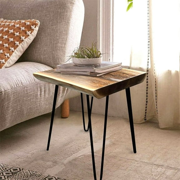Natural Teak Wood Square End Side Table with Hairpin Legs 20.9" H Home Decor
