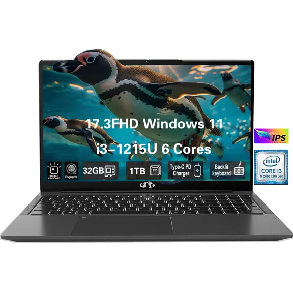 17.3" FHD High-performance laptop, Windows 11, Conference camera, Type-C 65W PD fast charger, Intel i3-1215U 32GB 1TB SSD, Lightweight Business Computer, fingerprint, Backlit keyboard