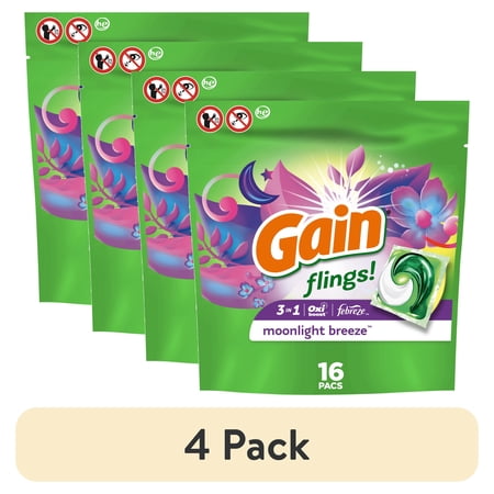 (4 pack) Gain Flings Laundry Detergent Soap Pacs, 16 Ct, Moonlight Breeze