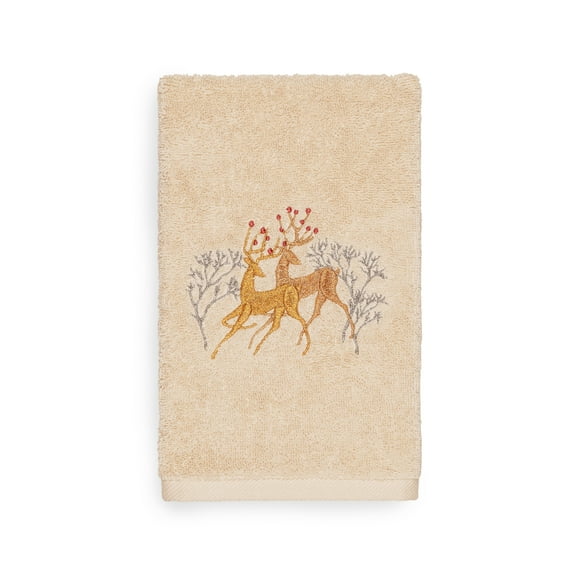 Linum Home Christmas Deer Pair Embroidered Beige Turkish Cotton Hand Towel