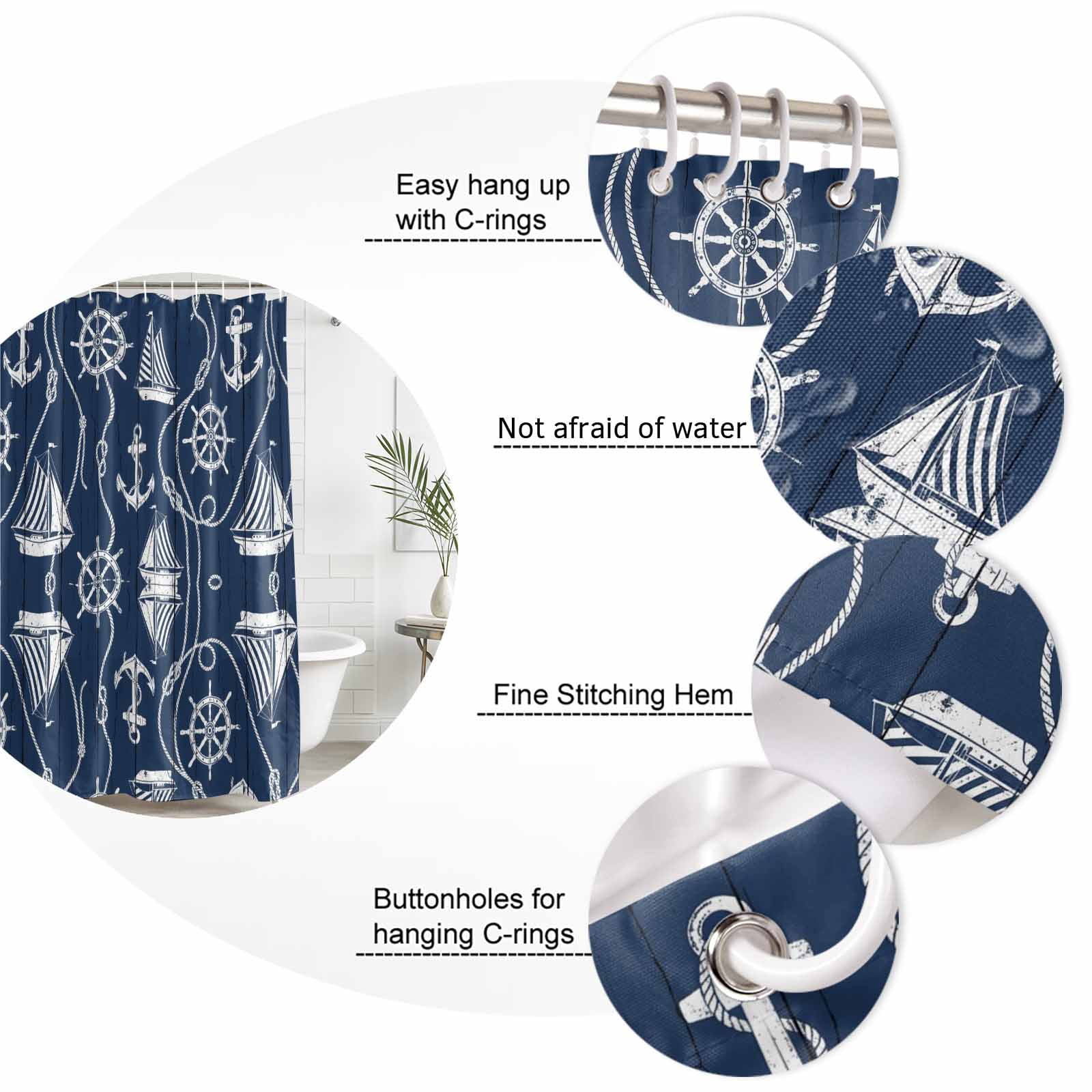 Shower Curtain Bathroom Set Coastal Sailboat Compass Anchor Waterproof Fabric Shower Curtains with Grommets&Hooks, Nautical Theme Navy Blue Wood Privacy Bath Curtain for Bathtub 72x72in