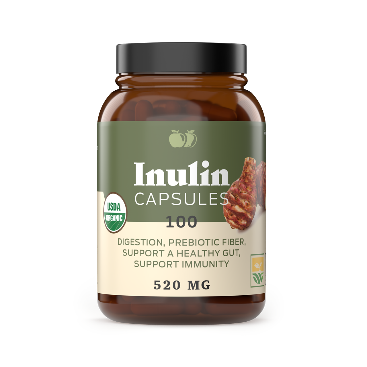 Organic Inulin Capsules 520mg 100 Pills, Organic Jerusalem Artichoke