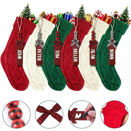 Yalumo 6 Pack Christmas Stockings Personalized with Names Tags, 18 Inch Large Cable Knitted Christmas Stockings, Hanging Christmas Stockings Decoration(Green White Red)