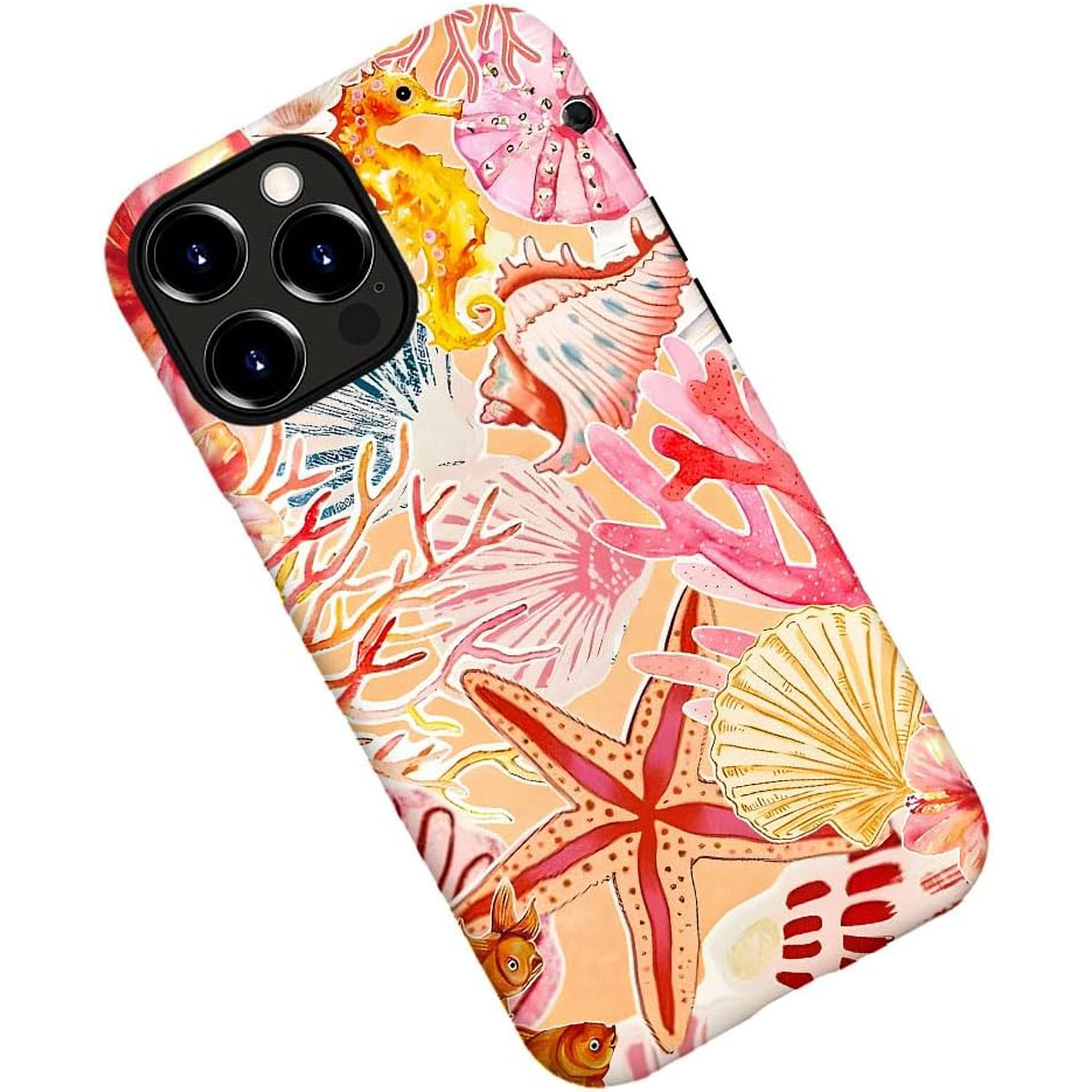 Case for iPhone 14 Pro Watercolor Starfish Flower Seashell Phone Case Military-Grade Drop Protection Cover for Women Girl - Frosted