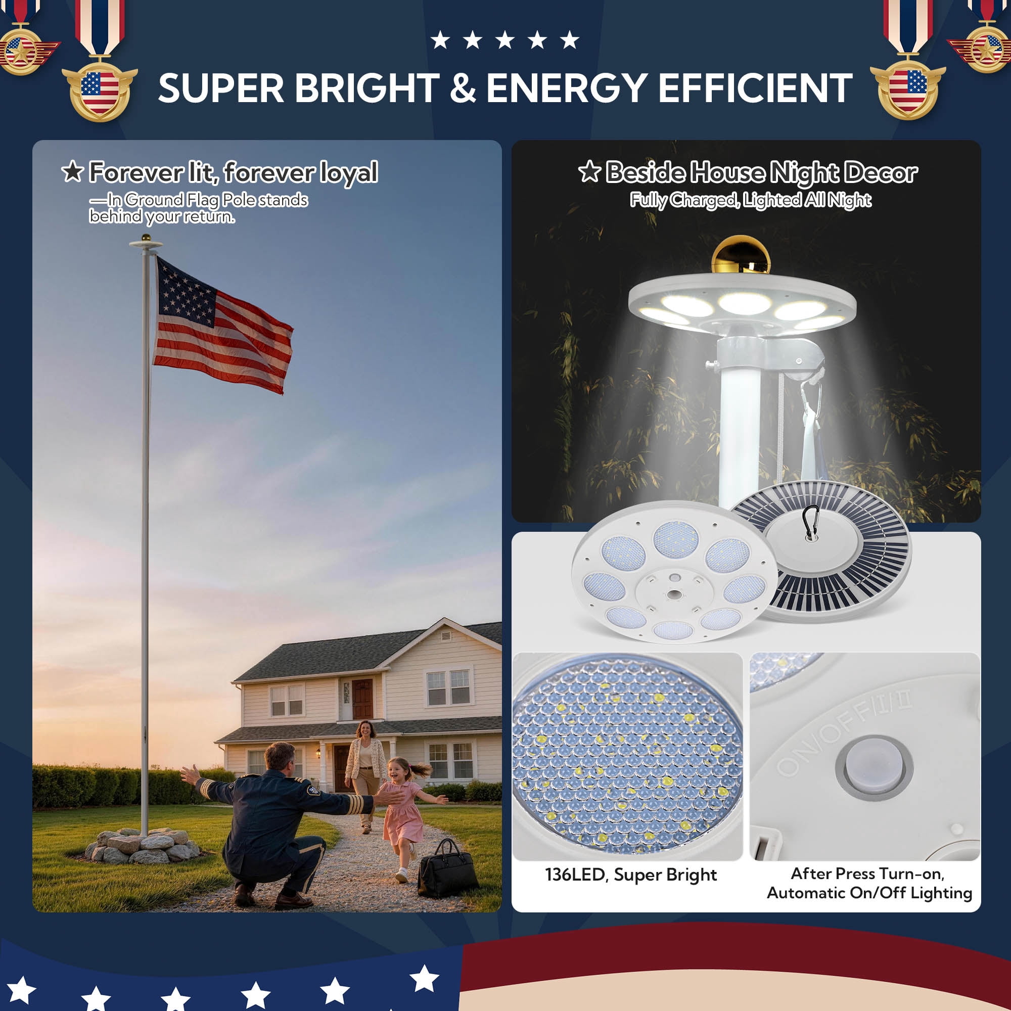 Yescom Bravery 25Ft Sectional 13Gauge Aluminum Flag Pole Kit with Solar Light US Flag for Outside House
