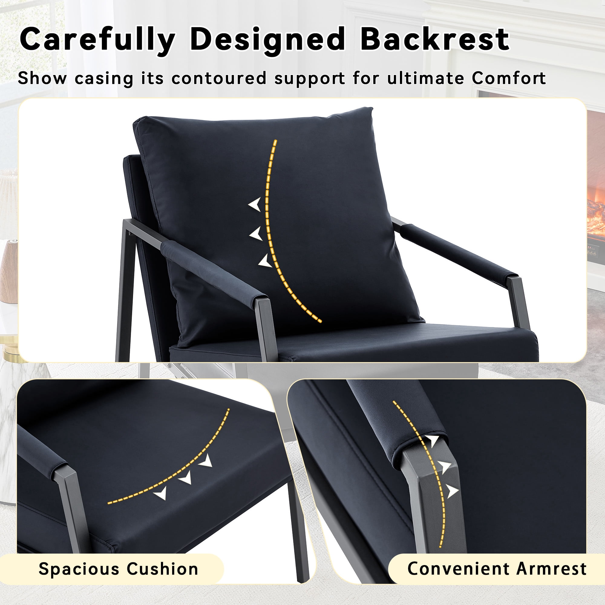 Alvantor Black Faux Leather Accent Chair with Black Metal Frame and Armrests