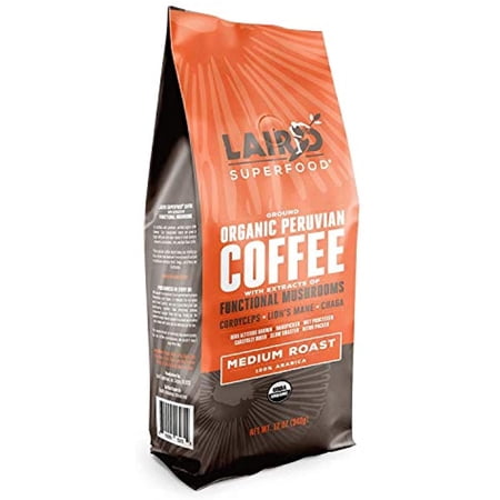 Laird Superfood Peruvian Medium Roast Coffee with Functional Mushrooms, Certified Organic Peruvian Ground Coffee Beans, Gluten-Free, Dairy-Free, Non-GMO, Paleo, Keto Friendly, 12 oz. Bag