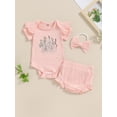 thumbnail image 2 of Suealasg 3Pcs Baby Girl Summer Outfits Short Sleeve Flower Embroidery Ribbed Rompers Shorts Headband Newborn Clothes Set, 2 of 7