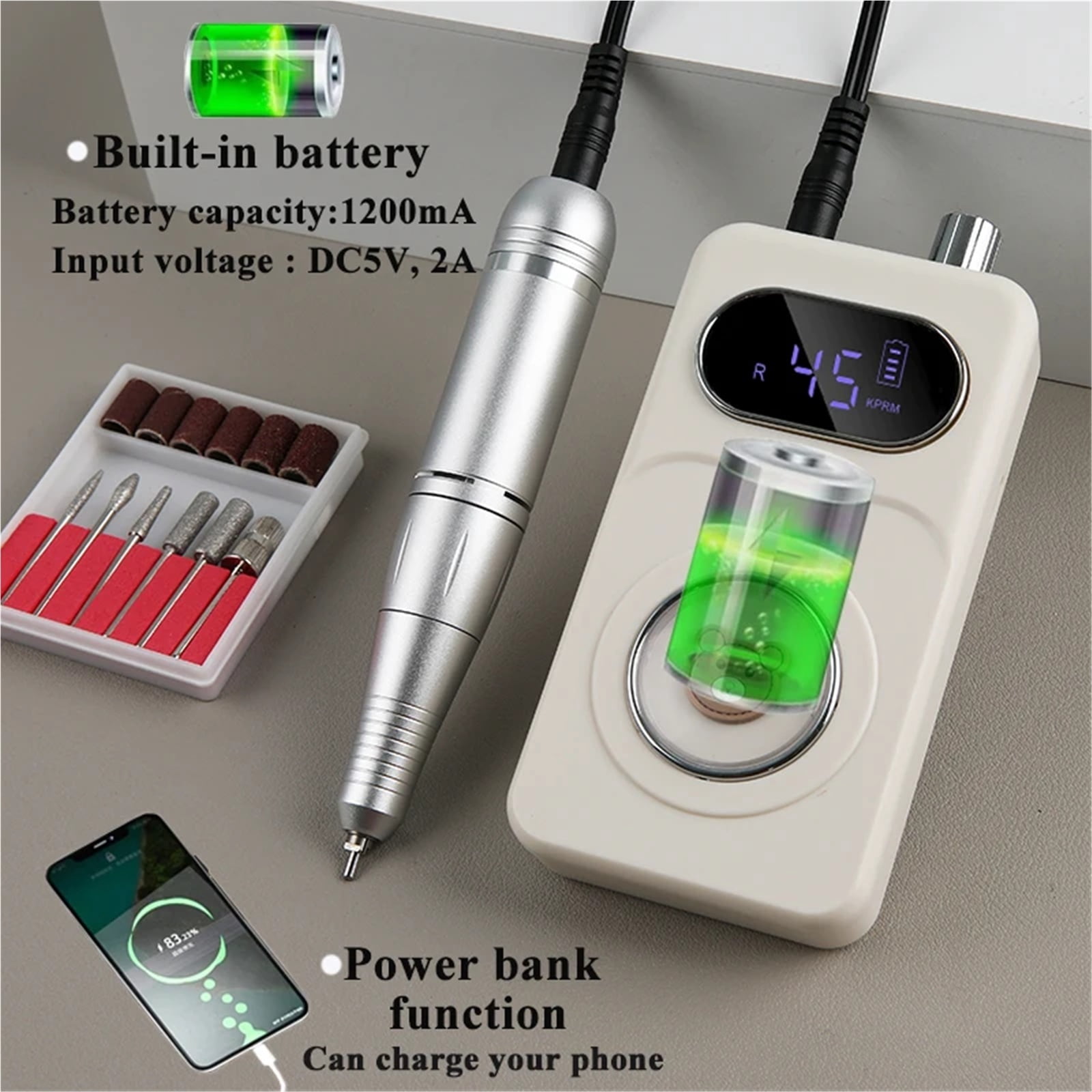 45000RPM Electric Nail Drill Machine Low Noise Rechargeable Nail Gel Polishing Machine Nail File Machine Nail Art Salon Tools
