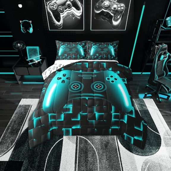 Erosebridal Gaming Full Size Bedding Set Gamer Comforter Sets For Teen Game Controller Bedroom Decor,Neon Teal Glowing Geometric Grid Bedding,Black Abstract Check Square Comforter