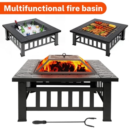 Sesslife Outdoor Fire Pit,32''Square Wood Burning Patio Fire Pit ,with Spark Screen & Poker, Heavy Duty Metal Backyard Fire Pit for Garden, Patio & Outdoor Heating