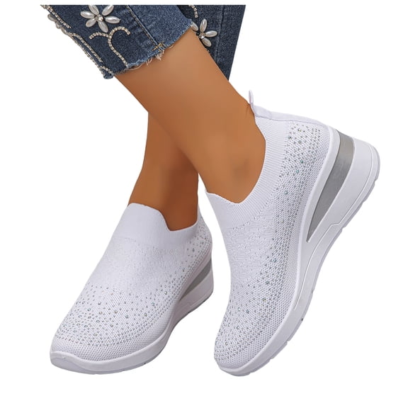 Women's Wedge Platform Knit Casual Shoes Fashion Rhinestone Breathable Slip On Sneakers Lightweight Non Slip Dress Shoes White Size 7.5