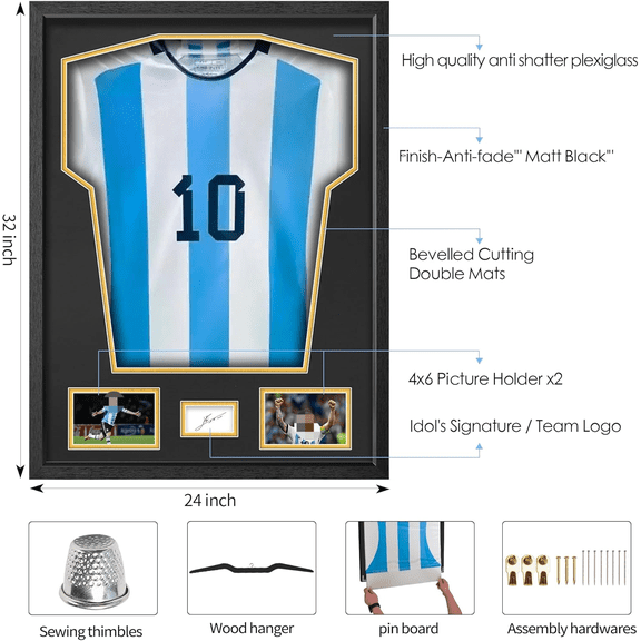Sports Jersey Display Frame, 24 x 32 inches Display Case for Soccer Football Baseball Hockey Souvenir T-Shirt, Double Mat with Tempered Real Glass (Black Wood grain-1PK)$$Storage