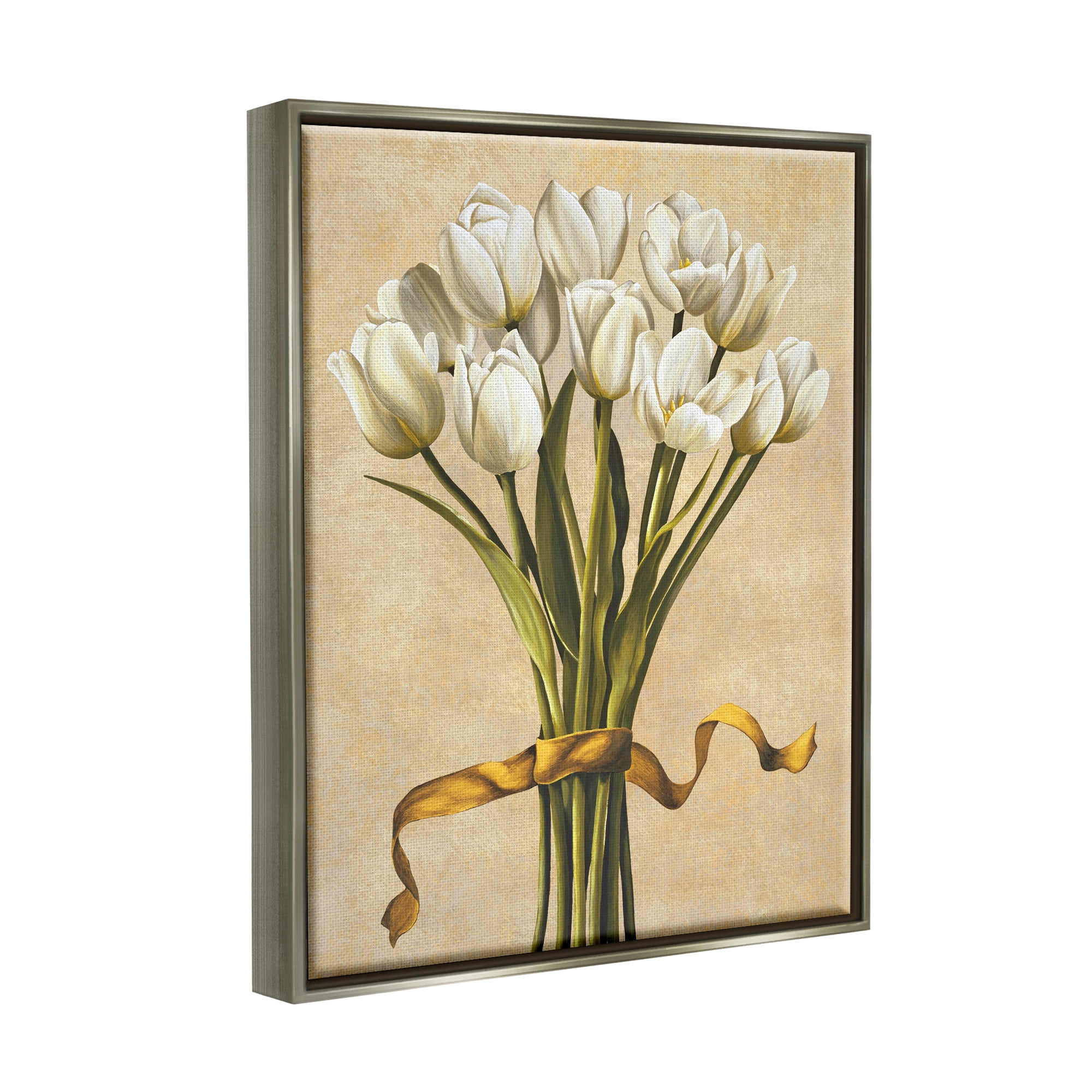 Stupell Industries Vintage White Tulips Botanical & Floral Painting Gray Floater Framed Canvas Art Print Wall Art, 17 x 21